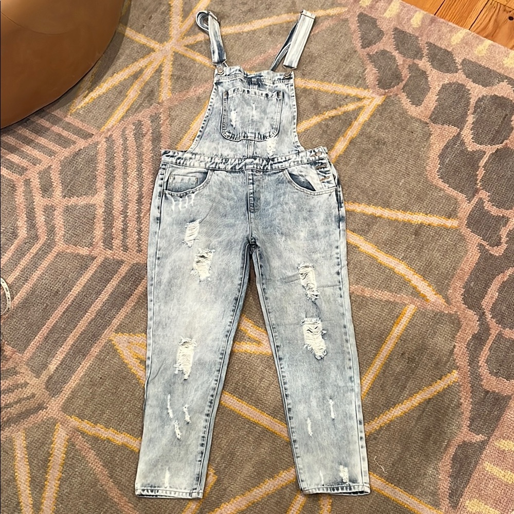Forever 21 Blue Denim Overalls with Distressed Vintage Style
